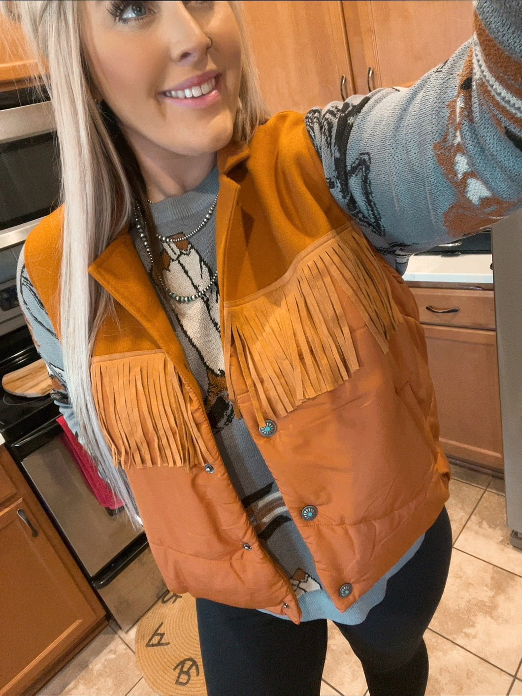 Y’all Fly Puffer Vest (Saddle)